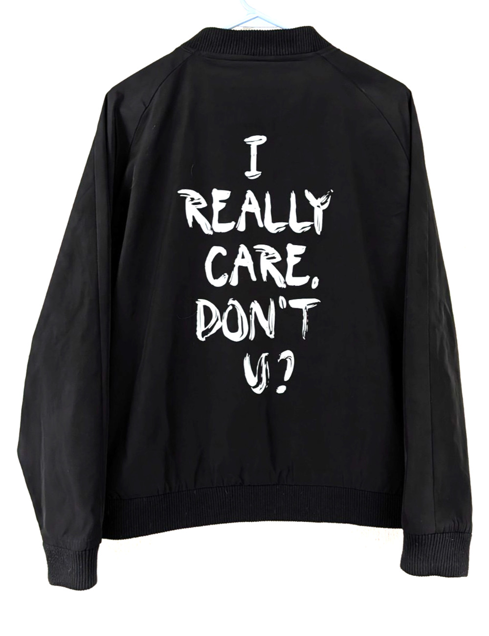 Wildfang sz M I Really Care Don't U bomber Jacket black zips lined 4597